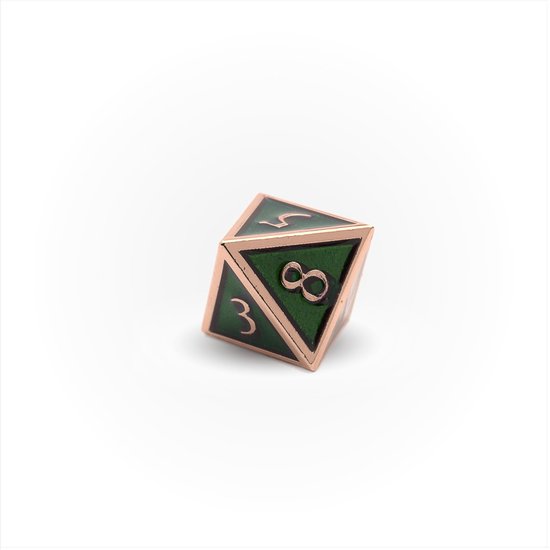Thumbnail van een extra afbeelding van het spel 7 delige Metalen Dobbelstenen Set - inclusief Opbergzakje - Dungeons & Dragons - Groen Koper