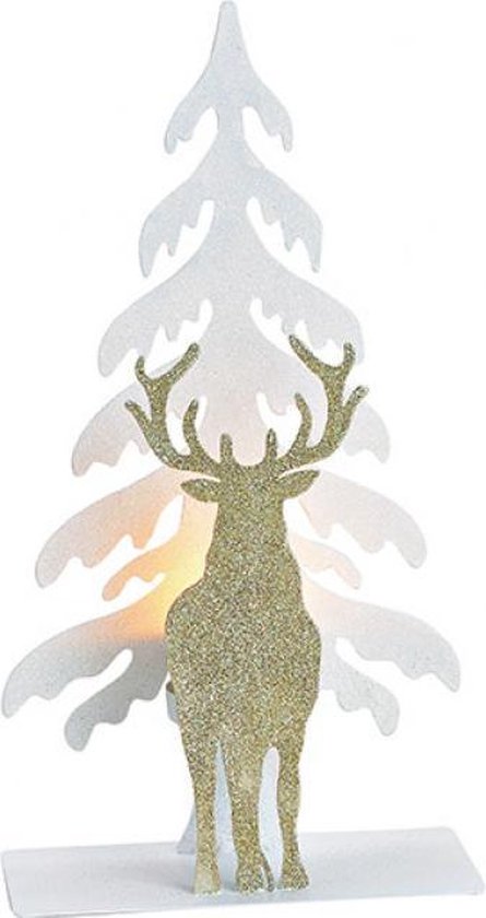 Theelichthouder boom en hert van metaal wit (breedte / hoogte / diepte) 16x30x8cm kerst , kerstboom