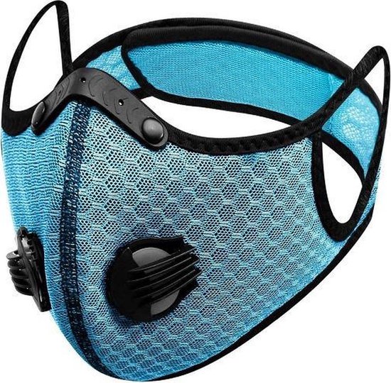 Sportmasker met actieve koolstof filter - 2 ademventielen - licht blauw