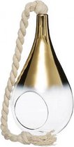 Kaars houder - Plantenhanger  - Hangend / Staand vaas peervormig , gerookt bol transparant -goud - d15cm met touw