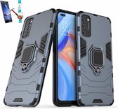 Oppo Reno 4 5G Robuust Kickstand Shockproof Grijs Cover Case Hoesje - 1 x Tempered Glass Screenprotector ATBL