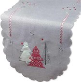 Kerst - Tafelloper -  licht grijs met Kerstbomen in rood, wit en grijs er opgestikt - Loper 110 cm