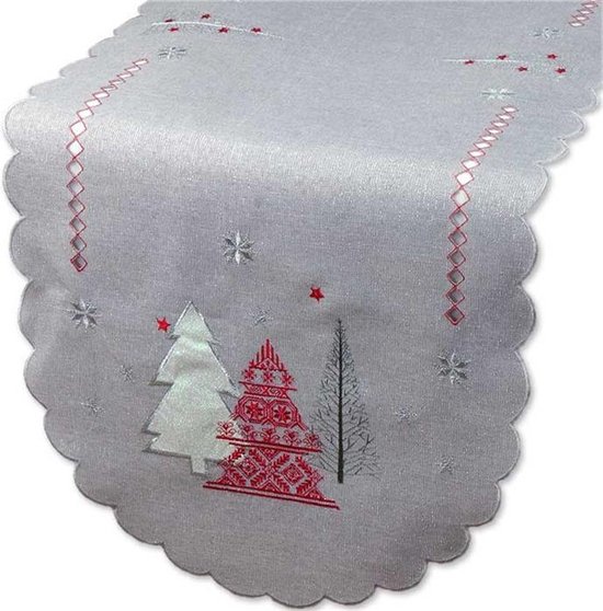 Kerst - Tafelloper - licht grijs met Kerstbomen in rood, wit en grijs er  opgestikt -... | bol.com