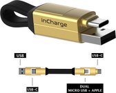 inCharge 6 Korte oplaadkabel  voor o.a. iPhone Lightning kabel usb c - 6 in één all you need - Kabel voor iPhone, Samsung, Huawei - Goud