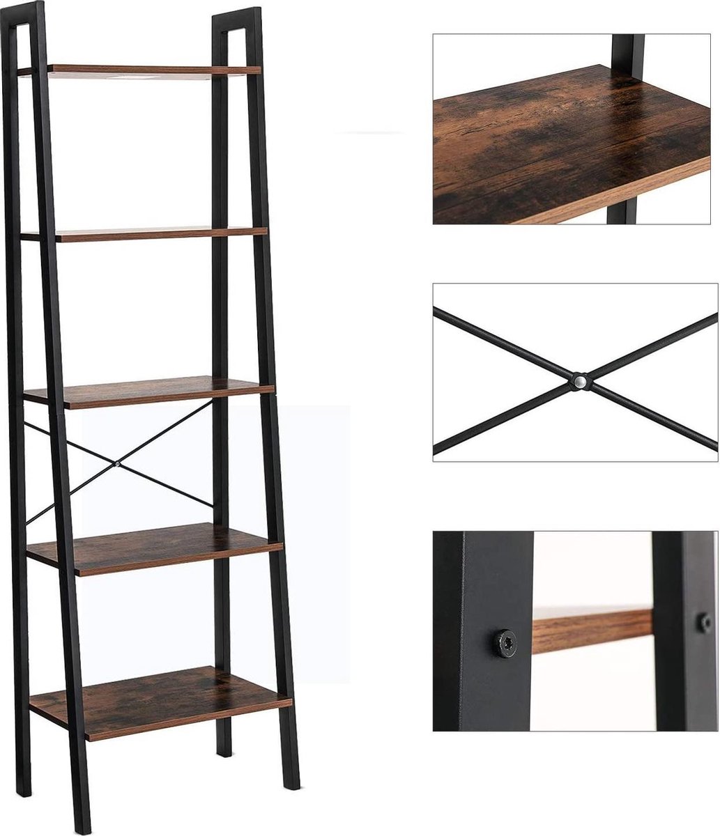 VASAGLE, vintage boekenkast met 5 planken, met metalen frame, eenvoudige montage, voor woonkamer, slaapkamer, keuken