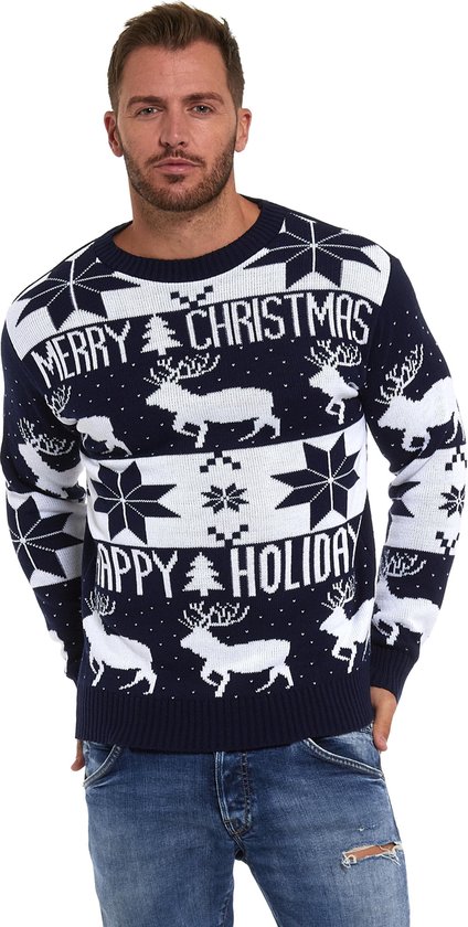 Foute Kersttrui Dames & Heren - Christmas Sweater "Merry Christmas, Happy Holidays" - Kerst trui Mannen & Vrouwen Maat L