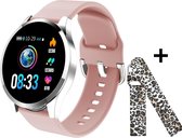 Belesy® BQSiZiPk - Limited edition - Smartwatch Dames - Smartwatch Heren - Horloge - Stappenteller - 1.3 inch - Kleurenscherm - 10x Sporten - INDOOR en OUTDOOR - Zilver - Siliconen - Roze - extra polsband Panterprint - Moederdag