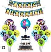 Super Deluxe Fortnite feestpakket incl. slinger,Cake Topper - Met 2 x GRATIS Lint, Lijmpropjes, Opblaasrietje & Rijgnaald - Fortnite versiering - Fortnite ballonnen - Kinderfeestje - Verjaardag - Jongen - Meisje - Fortnite thema - Feest