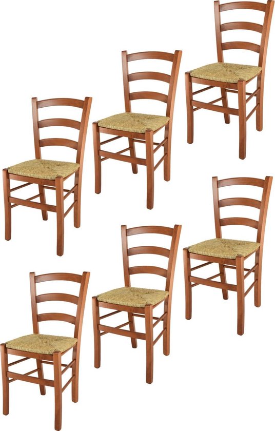 Tommychairs - Ensemble de 6 chaises modèle Venise. Très approprié pour la cuisine, la salle à manger, mais aussi pour la restauration. Structure en bois, couleur bois de cerisier, passepoil de siège en paille