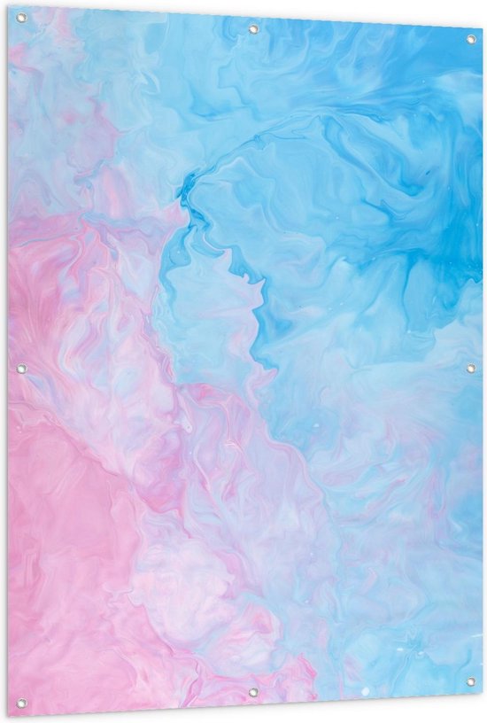 Tuinposter – Roze/Blauwe Verfvlekken - 100x150cm Foto op Tuinposter  (wanddecoratie voor buiten en binnen)