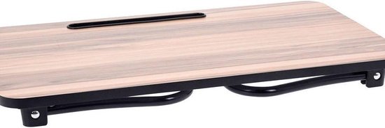 Houten bedtafel met inklapbare poten en tabletgleuf.