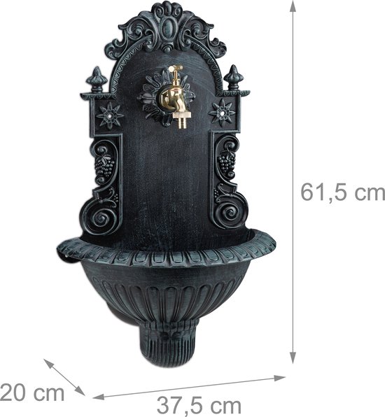 Relaxdays Muurfontein met kraan, HBD: 82,5 x 39 x 32 cm, antieke buitenkraan, staand, tuin en terras, afvoerputje, bruin