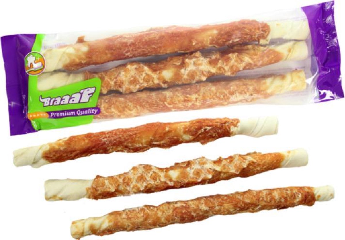 Rundertwister met Kip Braaaf  25 cm kauwstaaf, runderhuid, kauwsnack, hondensnack, rund, kauwbot. - 1 ST à 3 ST