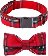 Halsband met strik rode ruit - stijlvol - hond - riem - hondenriem - geruite - ruitmotief - stijlvol - luxe - kerst - kerstmis - kerststrik - kwaliteit - vlinderdas - hondenmode - modieus
