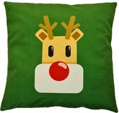 Kerst Rendier Rudolph | Kerst Kussen | Groen | Bruin |Rood | Sierkussenhoes | Super Zacht | Wasbaar | Decoratie | 45cm x 45cm