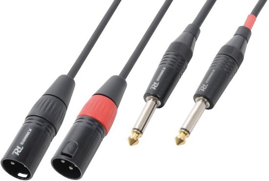 Zwarte kabel met aan de ene kant een XLR-connector met rode ring, en aan de andere kant twee 6.3mm mono jackpluggen.
