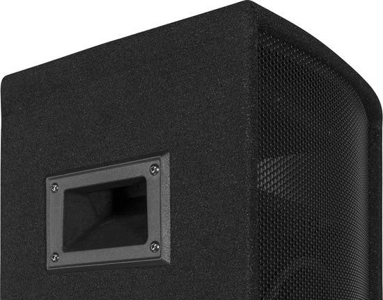 Zwarte Vonyx SL8 PA Disco Speaker, detail van de handgreep aan de zijkant.