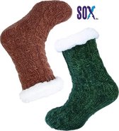 SOX Huissokken 2 PACK 37/42 Unisex met ABS anti slip in fantasie Donkergroen en Roest effen met kabel Super warm gevoerd