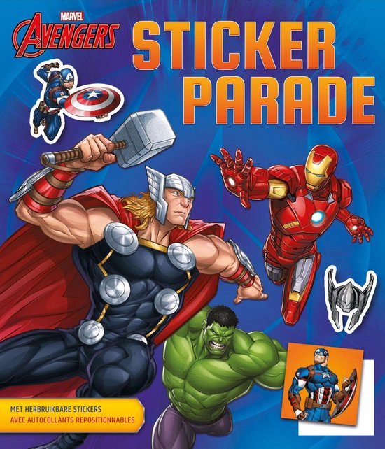 Thor met hamer, Iron Man, Hulk en Captain America met schild. Tekst: MARVEL AVENGERS STICKER PARADE.