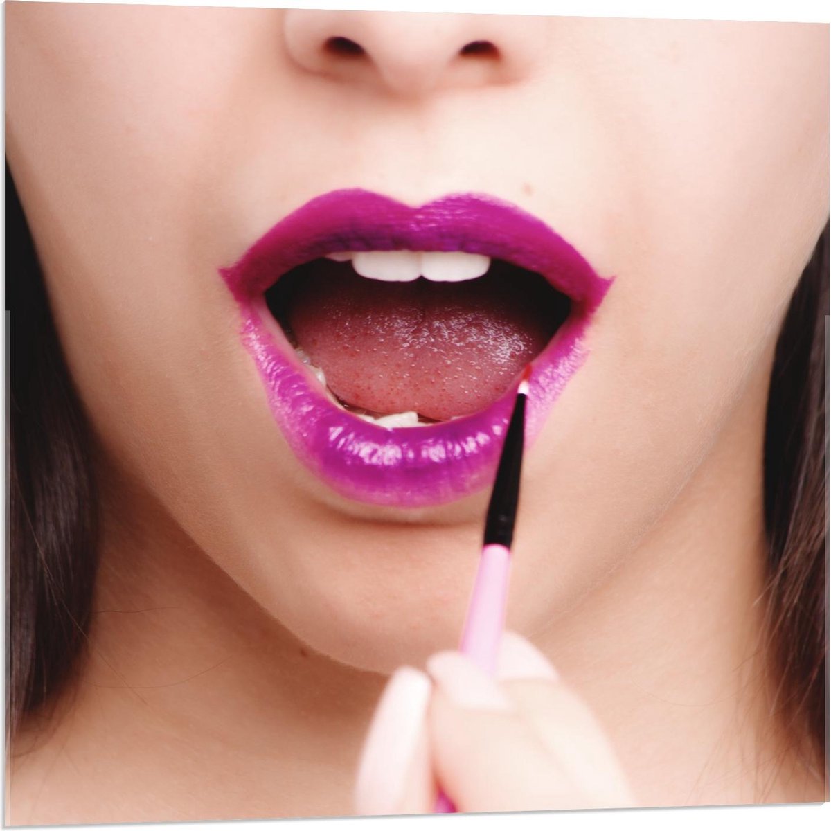 Acrylglas - Paarse Lippenstift met Kwastje - 80x80cm Foto op Acrylglas (Wanddecoratie op Acrylglas)