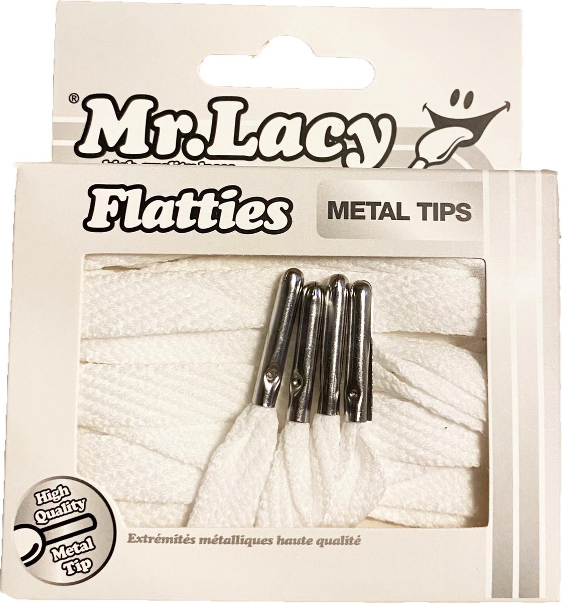Mr Lacy Flatties wit-Metal Tips zilver metalic 130 cm lang 10mm breed High Quality