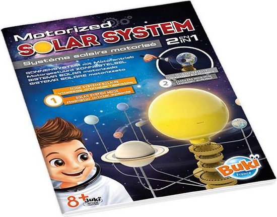 Handleiding voor een zonnestelselmodel met kind-illustratie, zon en planeten.