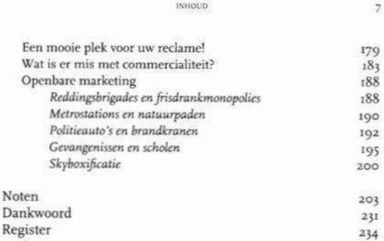 Pagina met de inhoudsopgave van een boek, inclusief hoofdstukken over reclame en skyboxificatie.