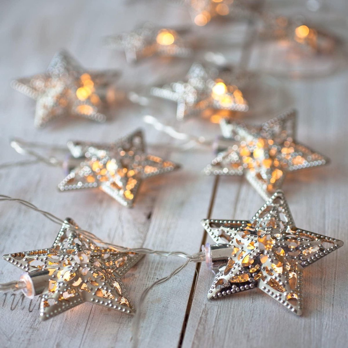 Meisterhome 10 Led Metalen sterren zilverkleurig - kerst sfeerverlichting decoratie - breng warmte en sfeer in huis met deze zilveren sterren op batterijen