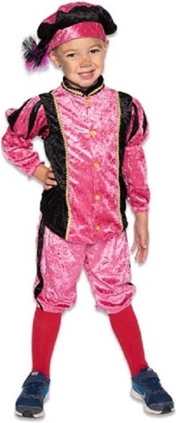 Jongen in een roze en zwart Piet kostuum, met pofmouwen, gouden bies, baret en rode maillots.
