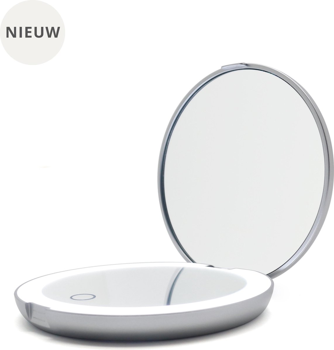 Compacte Make-Up Spiegel met Verlichting – 10 x Vergroting – USB oplaadbaar – LED Verlichting – Dimfunctie – Cadeautip – Mat Zilver - Merkloos