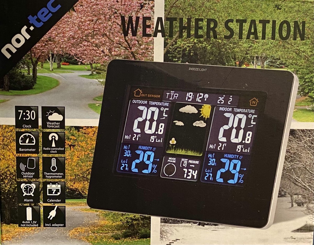 Draadloze weerstation Indoor & Outdoor met buitensensor LED Kleurendisplay Bereik tot 60 met
