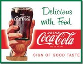 Coca Cola Delicious with Food.  Metalen wandbord 31,5 x 40,5 cm.