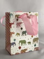 Geschenktasje in papier - thema  Olifant - set van 12 stuks - roze handvatjes - H 14 cm