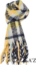 Geruite blauw/gele sjaal- dikke langwerpige sjaal-  natuurlijke materialen - herfst/winter.