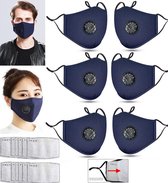 6 stuks Herbruikbare Mondkapje - Valve mondmasker Blauw met 12 stuks vervangbaar  filters