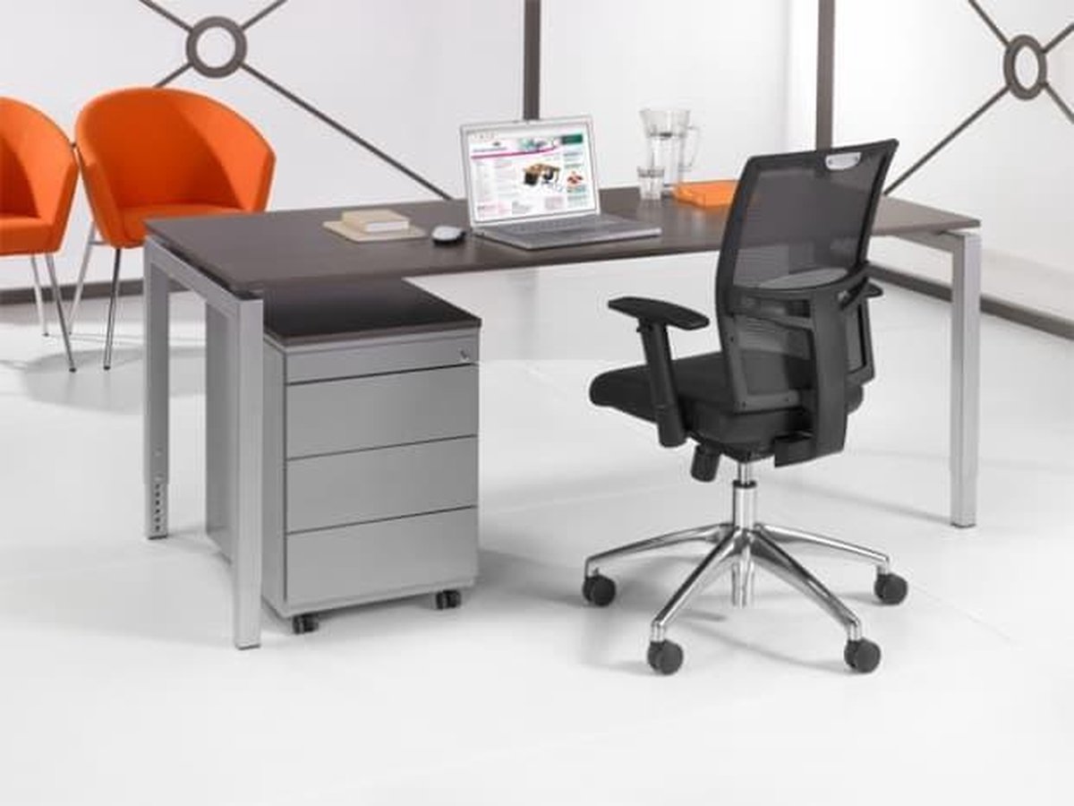 4 poots bureau Kubus breed 200CM diep 100CM bladkleur Kersen framekleur Wit (RAL9010)