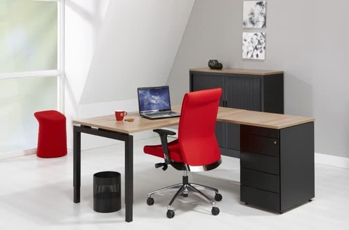 ABC Kantoormeubelen 4-Poots hoekbureau met ladenblok Kubus 180 x160cm Ladeblok 3 lades met pennenlade bladkleur Lichtgrijs framekleur Zwart (RAL9005) hoek Links Zwart (RAL9005)/Lichtgrijs
