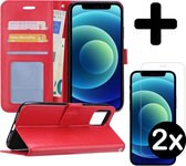 Hoes voor iPhone 12 Pro Max Hoesje Book Case Met 2x Screenprotector Met Dichte Notch - Hoes voor iPhone 12 Pro Max Hoes Wallet Cover Met 2x Screenprotector - Rood