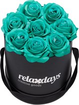 Relaxdays flowerbox zwart - 8 kunstrozen - rozenbox - bloemendoos - rozen in doos - rond - turkoois