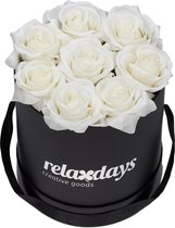 Relaxdays flowerbox zwart - 8 kunstrozen - rozenbox - bloemendoos - rozen in doos - rond - wit