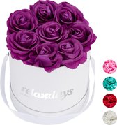 Relaxdays flowerbox - 8 kunstrozen - rozenbox - bloemendoos - wit - kunstbloemen - Paars