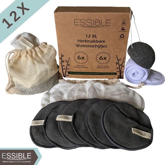 Tampons en coton réutilisables - Tampons en coton lavables - 15 pièces - Trousse de toilette - E-BOOK - Éponge et bandeau - Laine de coton bambou
