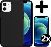 Hoesje Geschikt voor iPhone 12 Mini Hoesje Siliconen Case Hoes Met 2x Screenprotector - Hoes Geschikt voor iPhone 12 Mini Hoes Cover Case - Zwart