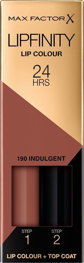 Max Factor Lipfinity Lip Colour, met de kleuren 190 Indulgent, een bruine tint en top coat.