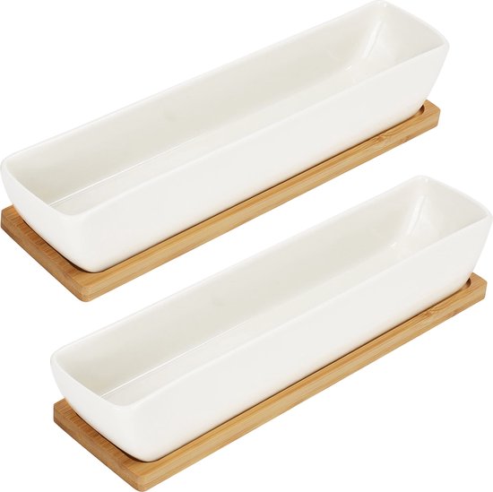 Premier Housewares 1103947 4-Piece Bamboo/Ceramic Concave Condiment Set, White, H19 x W19 x D9cm