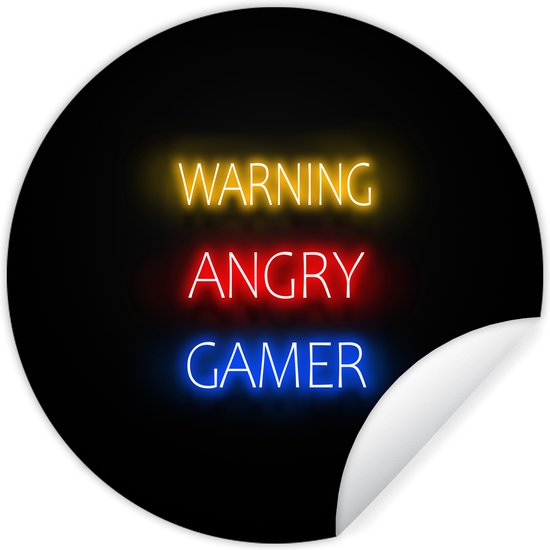 WallCircle - Muurstickers - Behangcirkel - Gaming - Quotes - Warning angry gamer - Neon - ⌀ 30 cm - Muurcirkel - Zelfklevend - Ronde Behangsticker
