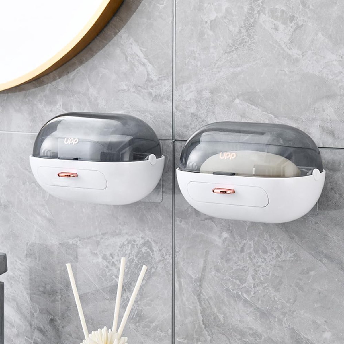 Ettori Douchecaddy, kleine douchemand, wandmontage, geen boren, zelfklevende opslag voor badkamer en keuken, doorzichtig plastic