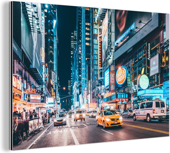 Wanddecoratie Metaal - Aluminium Schilderij Industrieel - New York - Taxi - Times Square - 150x100 cm - Dibond - Foto op aluminium - Industriële muurdecoratie - Voor de woonkamer/slaapkamer