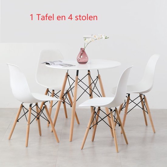 Set tafel en stoelen -Scandinavische 5-delige eetkamerset-elke set bestaat uit een witte tafel en 4 Wit stoelen- Geschikt voor in de woonkamer, eetkamer, speelkamer en tuin- Wit en Wit .