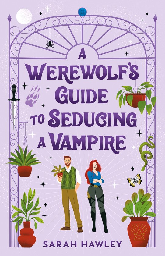 Couverture du livre 'A Werewolf's Guide to Seducing a Vampire'. Un homme et une femme au centre, entourés de plantes, d'un serpent, d'une araignée et d'un papillon. Fond violet.